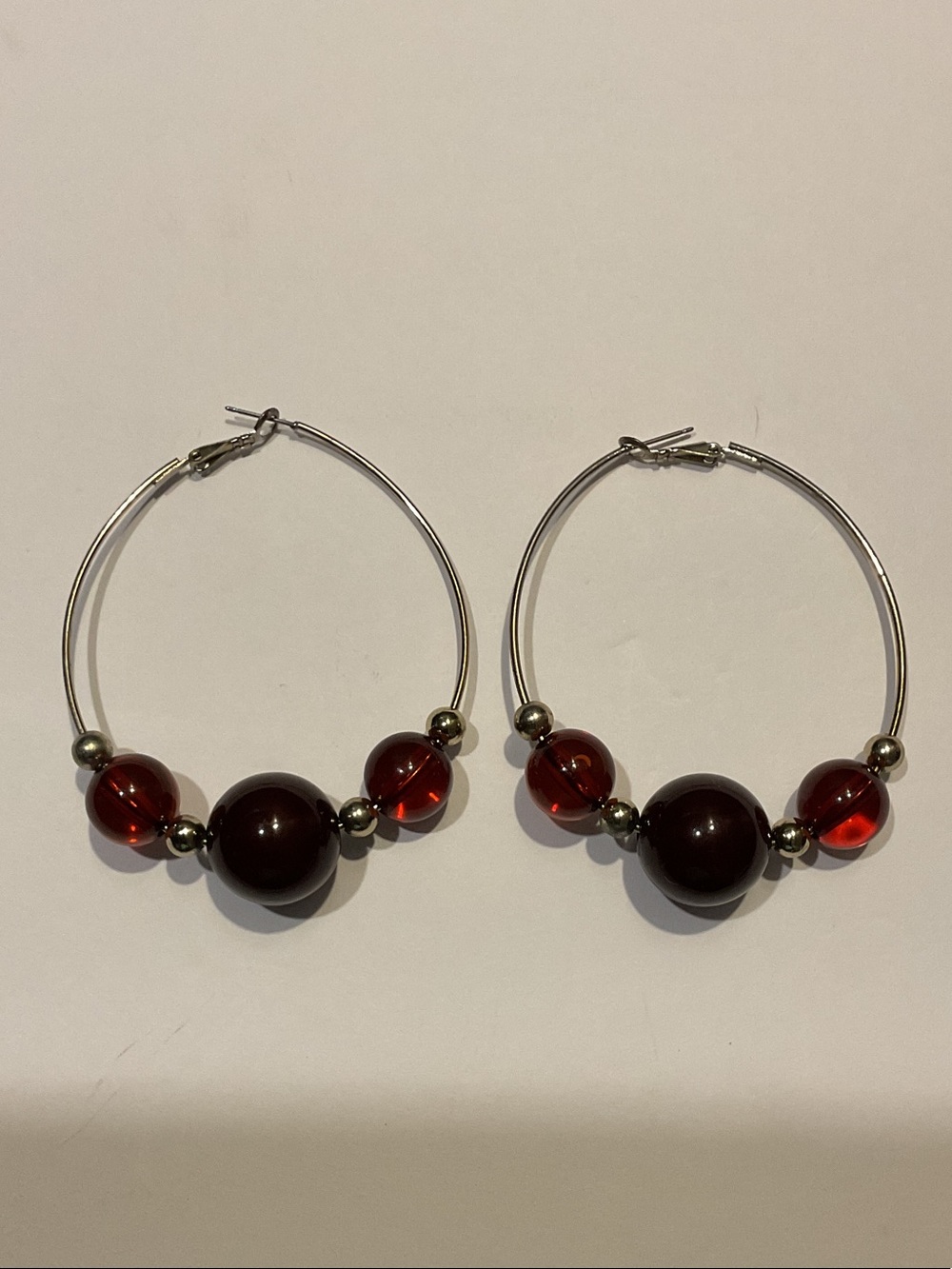 Silver Hoop Earrings with Dark Amber Beads - Women Jewelry
